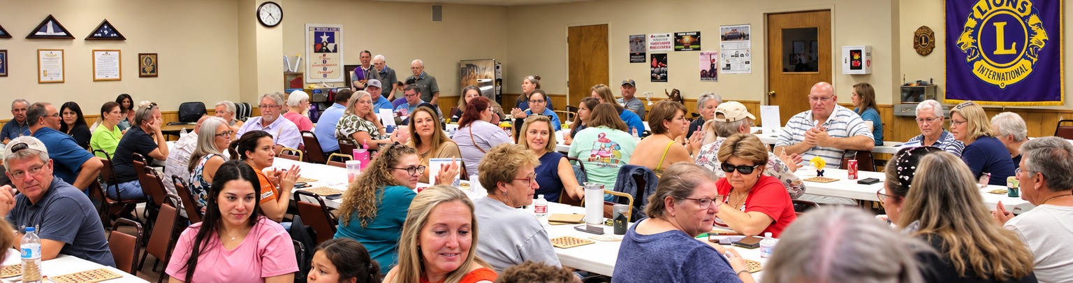 A packed room of Kilgore Lions Club members and guests playing bingo together at Bingo Night