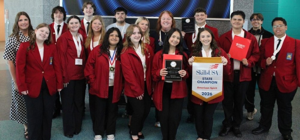Kilgore High School Health Science students, SkillsUSA state champions, in red blazers