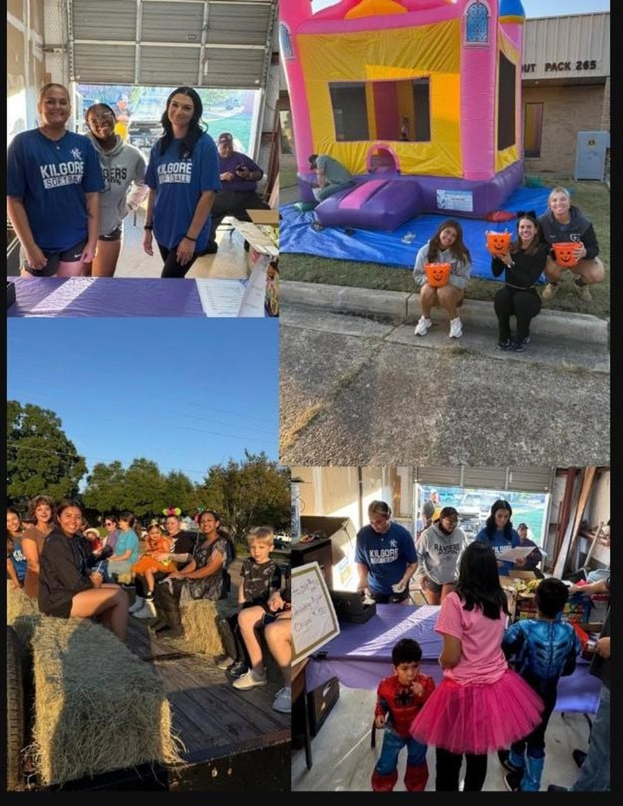 Scenes from the Halloween Carnival: bounce house, hay ride, costumed children, and volunteers at the concession table