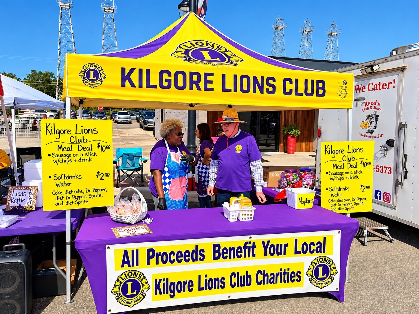 Kilgore Lions Club tent at Oktoberfest with members serving the meal deal
