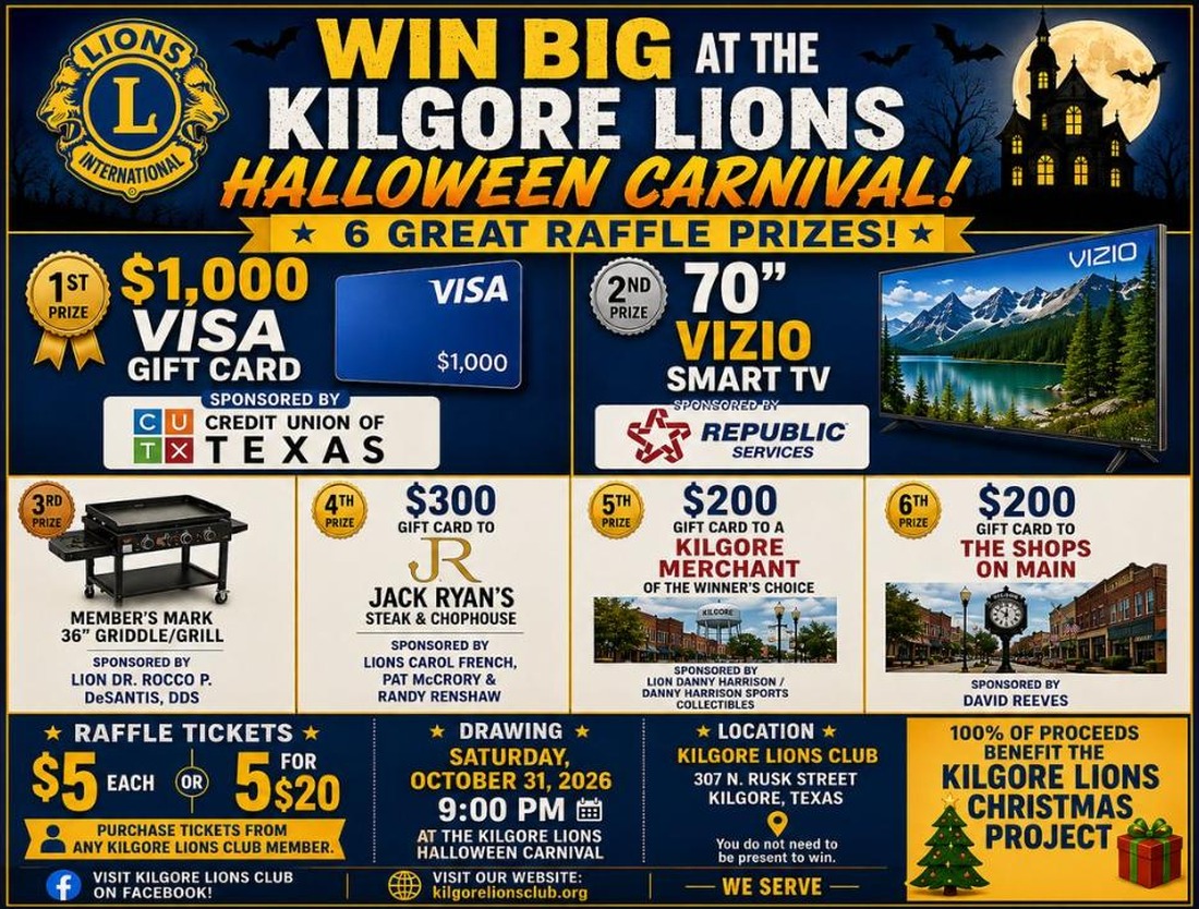 Kilgore Lions Halloween Carnival raffle flyer listing six prizes: a $1,000 Visa gift card from Credit Union of Texas, a 70 inch Vizio smart TV from Republic Services, a Member's Mark 36 inch griddle and grill, a $300 Jack Ryan's gift card, a $200 Kilgore merchant gift card, and a $200 gift card to The Shops on Main. Tickets are $5 each or 5 for $20. Drawing Saturday, October 31, 2026 at 9:00 PM.